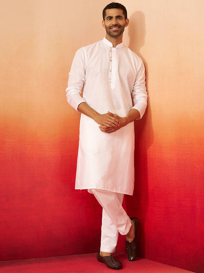 white jacquard kurta with pyjama - classic barfi pattern set