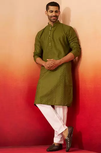 mehendi green jacquard kurta with pyjama - elegant barfi pattern set