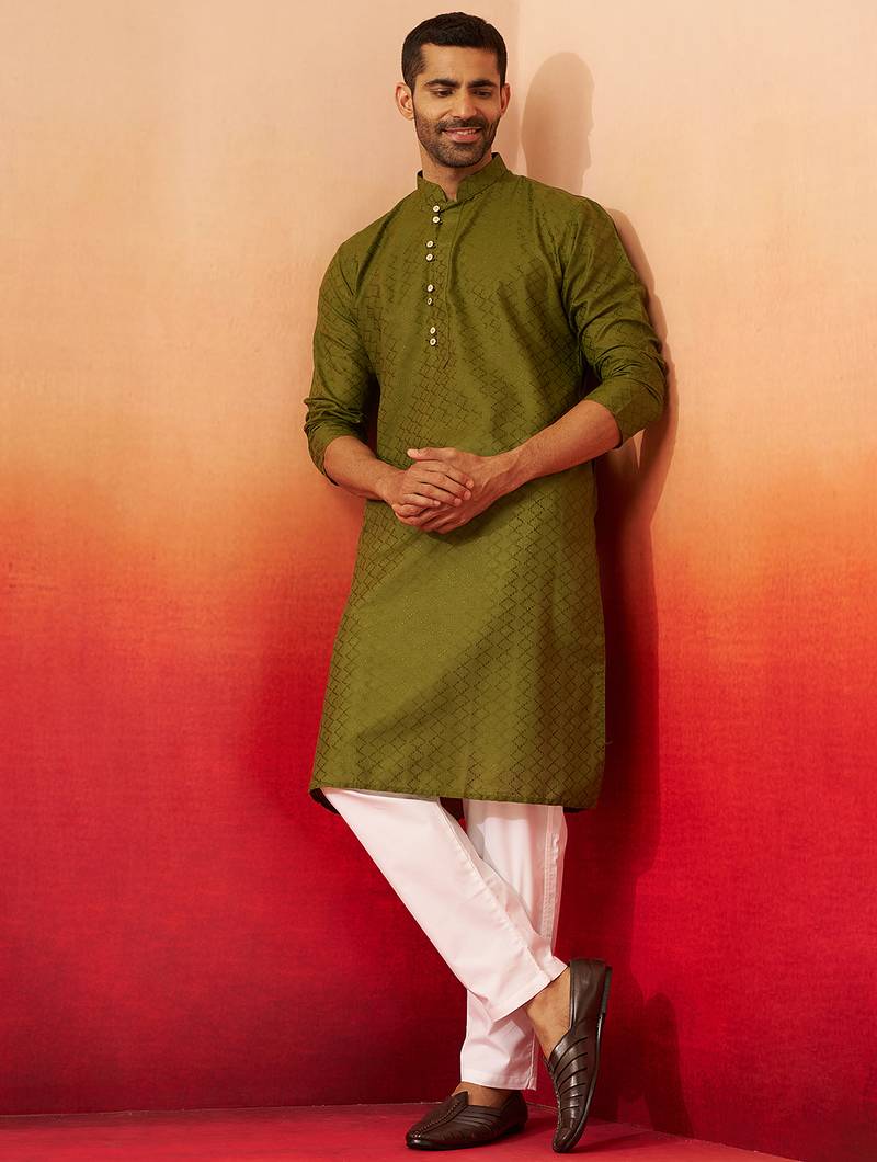 mehendi green jacquard kurta with pyjama - elegant barfi pattern set