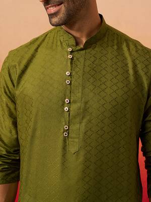 mehendi green jacquard kurta with pyjama - elegant barfi pattern set 2