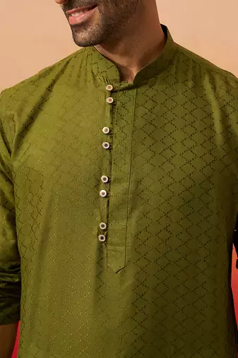 mehendi green jacquard kurta with pyjama - elegant barfi pattern set