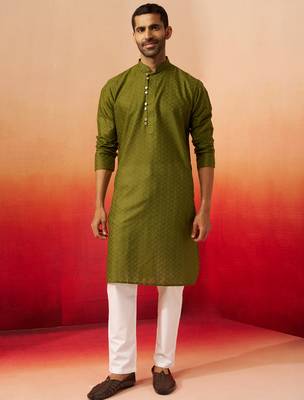 mehendi green jacquard kurta with pyjama - elegant barfi pattern set 3
