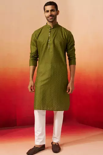 mehendi green jacquard kurta with pyjama - elegant barfi pattern set