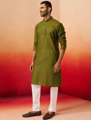 mehendi green jacquard kurta with pyjama - elegant barfi pattern set 4