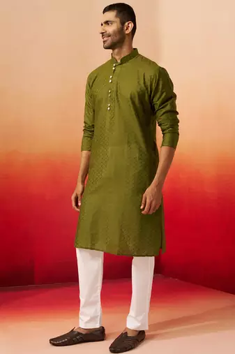 mehendi green jacquard kurta with pyjama - elegant barfi pattern set