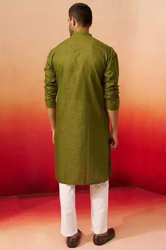 mehendi green jacquard kurta with pyjama - elegant barfi pattern set