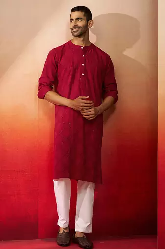 red thread embroidered kurta with pyjama - band collar traditional set