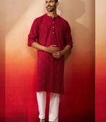 red thread embroidered kurta with pyjama - band collar traditional set