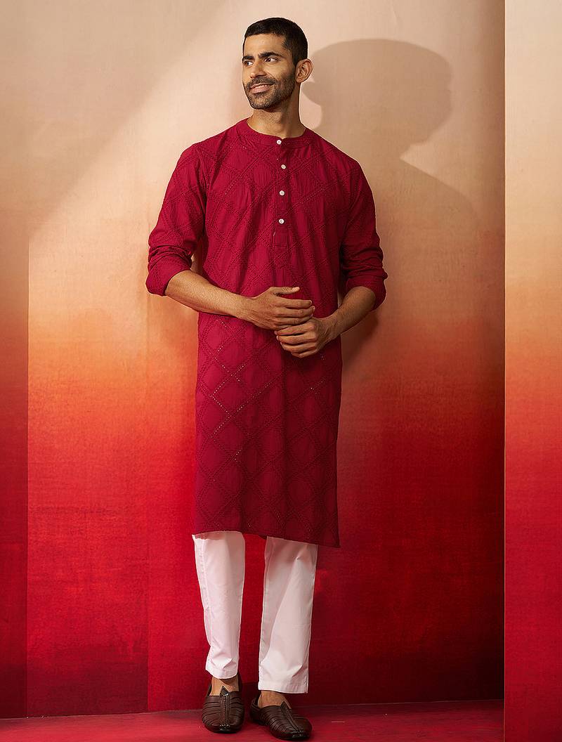 red thread embroidered kurta with pyjama - band collar traditional set