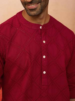 red thread embroidered kurta with pyjama - band collar traditional set 2