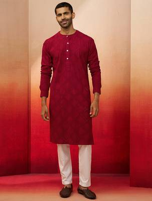 red thread embroidered kurta with pyjama - band collar traditional set 3