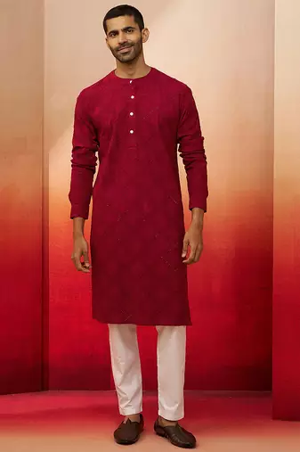 red thread embroidered kurta with pyjama - band collar traditional set