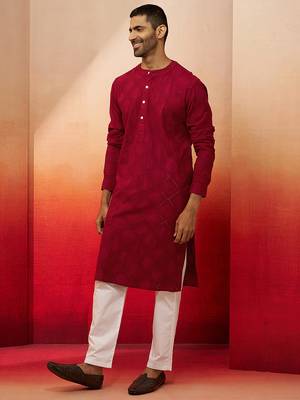 red thread embroidered kurta with pyjama - band collar traditional set 4