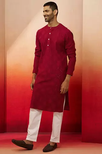 red thread embroidered kurta with pyjama - band collar traditional set