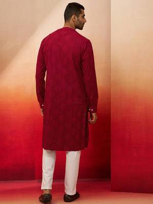 red thread embroidered kurta with pyjama - band collar traditional set 5