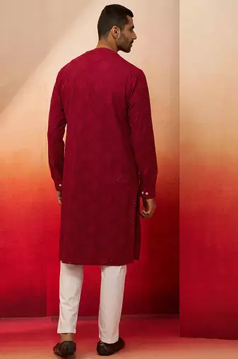 red thread embroidered kurta with pyjama - band collar traditional set
