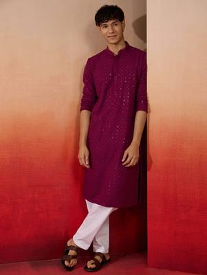 Purple rayon sequin embroidered kurta with white trousers - festive set 1