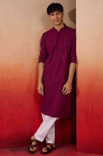 Purple rayon sequin embroidered kurta with white trousers - festive set