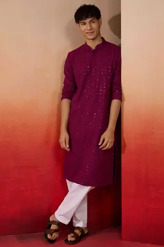 Purple rayon sequin embroidered kurta with white trousers - festive set