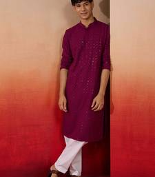 Purple rayon sequin embroidered kurta with white trousers - festive set