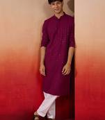 Purple rayon sequin embroidered kurta with white trousers - festive set