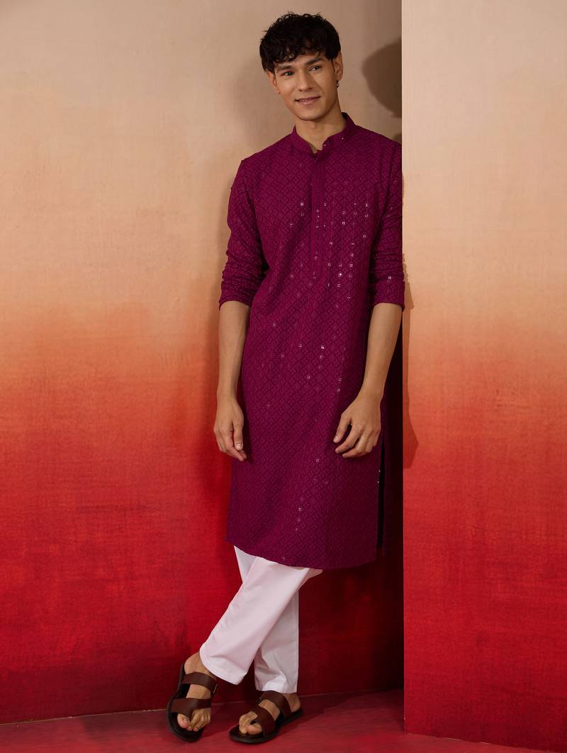Purple rayon sequin embroidered kurta with white trousers - festive set