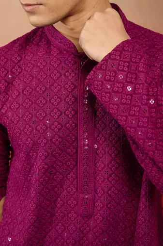 Purple rayon sequin embroidered kurta with white trousers - festive set