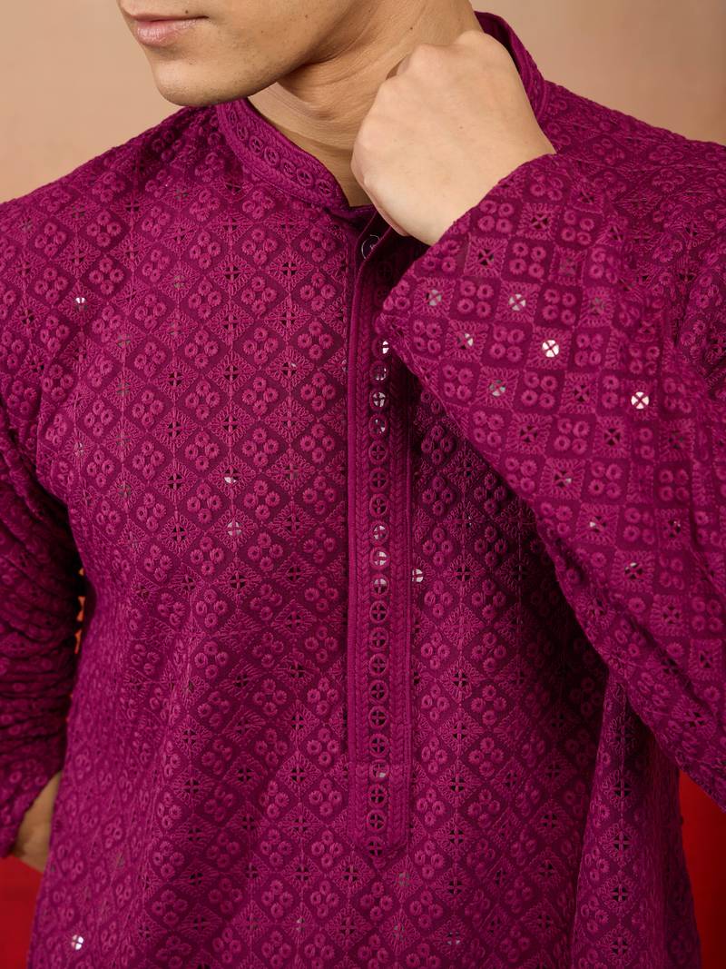 Purple rayon sequin embroidered kurta with white trousers - festive set