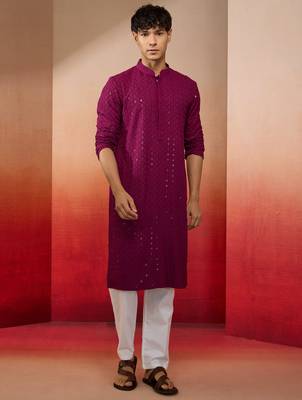 Purple rayon sequin embroidered kurta with white trousers - festive set 3