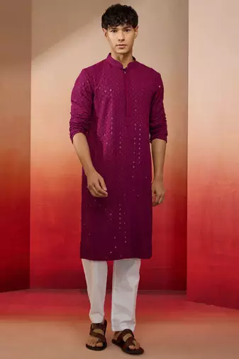 Purple rayon sequin embroidered kurta with white trousers - festive set