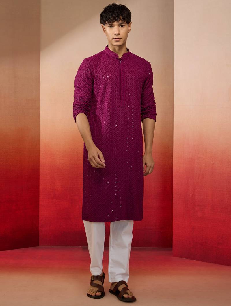 Purple rayon sequin embroidered kurta with white trousers - festive set