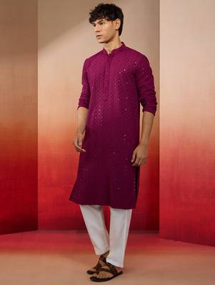 Purple rayon sequin embroidered kurta with white trousers - festive set 4