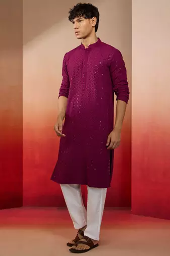 Purple rayon sequin embroidered kurta with white trousers - festive set