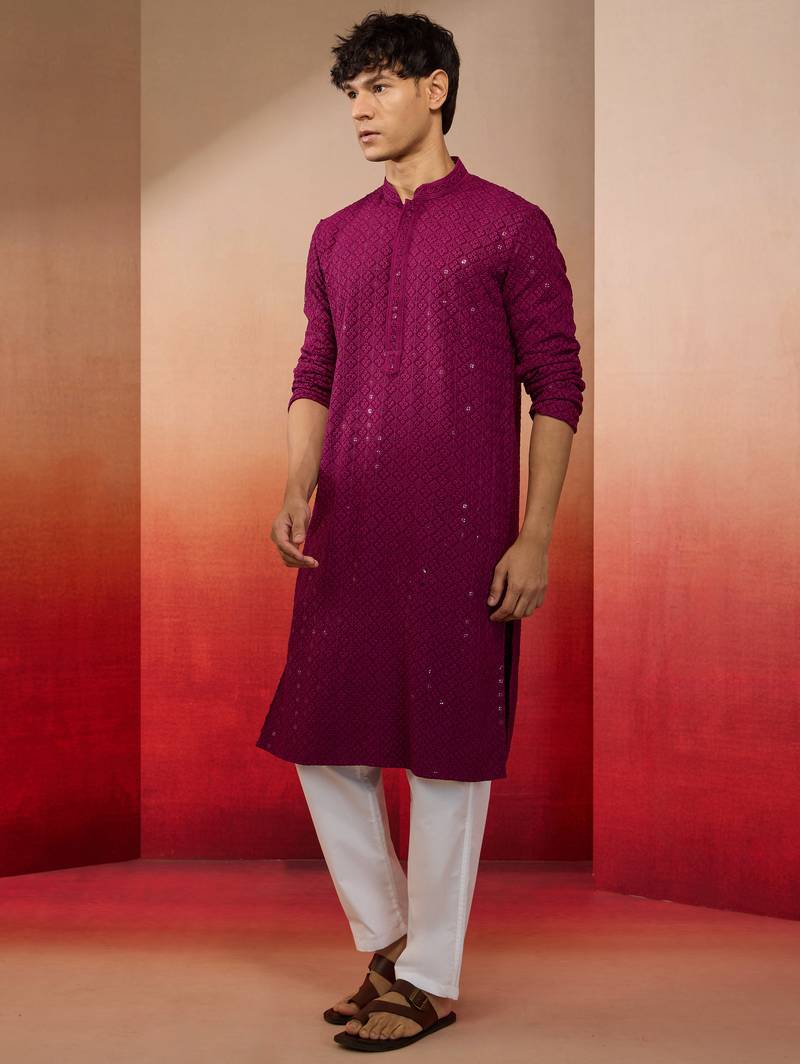 Purple rayon sequin embroidered kurta with white trousers - festive set