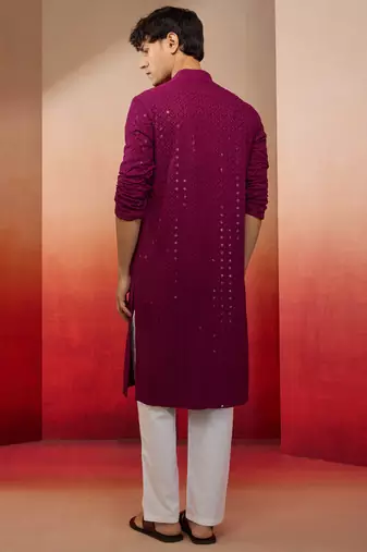 Purple rayon sequin embroidered kurta with white trousers - festive set