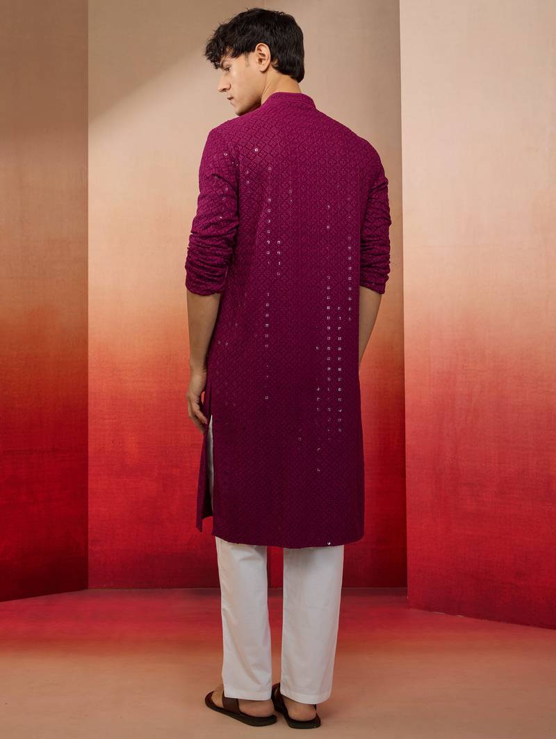 Purple rayon sequin embroidered kurta with white trousers - festive set