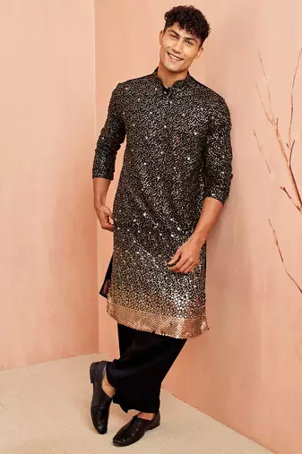 Black georgette kurta set - sequin embroidery wide leg pant festive wear