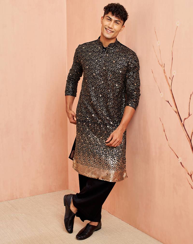 Black georgette kurta set - sequin embroidery wide leg pant festive wear