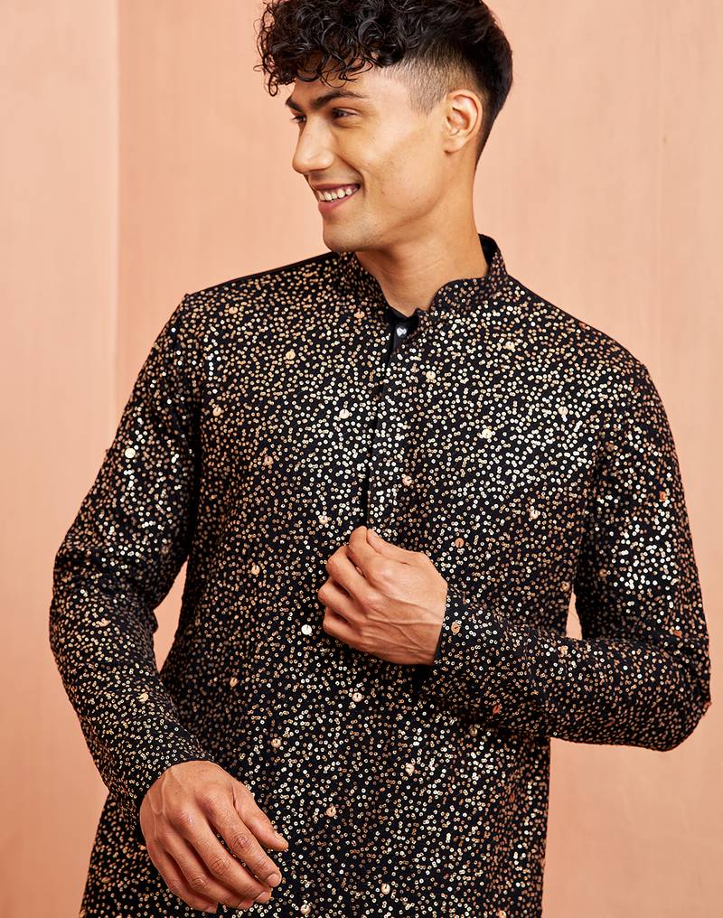 Black georgette kurta set - sequin embroidery wide leg pant festive wear