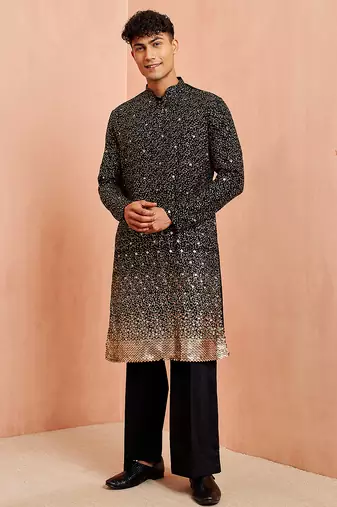 Black georgette kurta set - sequin embroidery wide leg pant festive wear