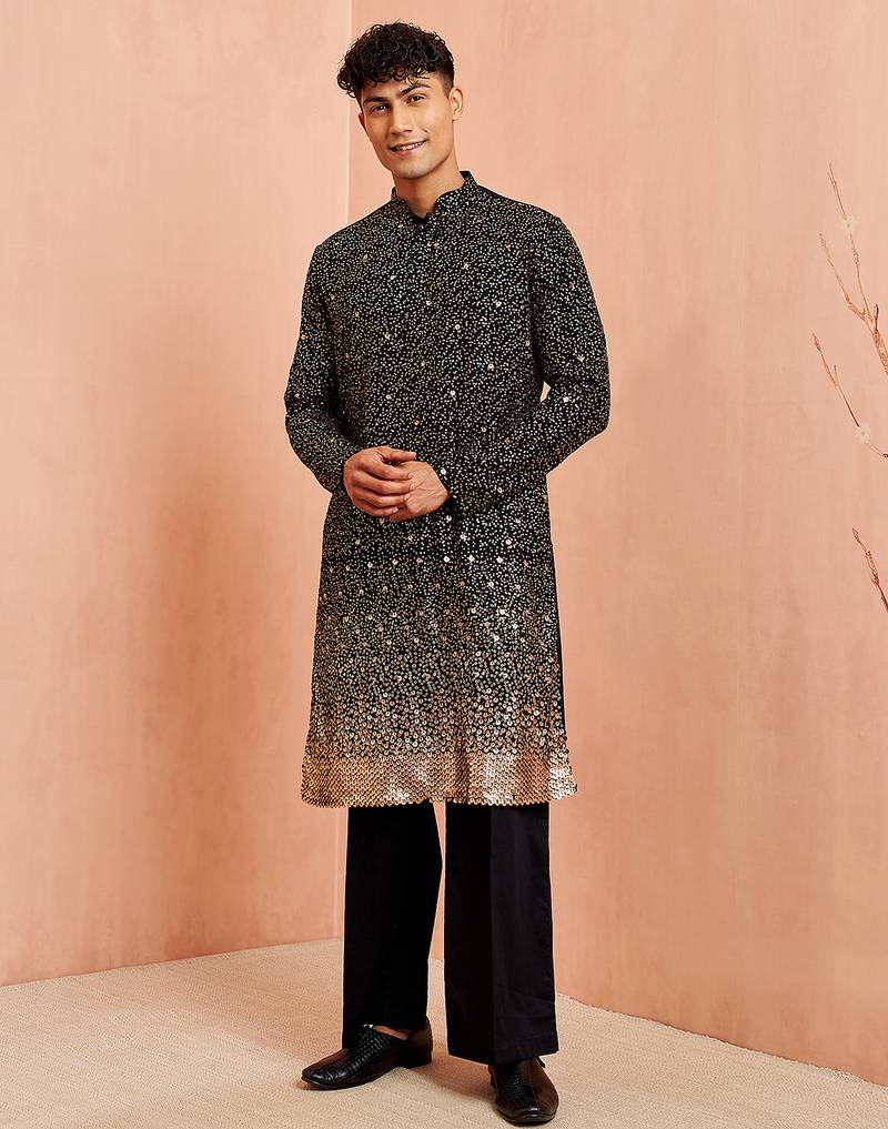 Black georgette kurta set - sequin embroidery wide leg pant festive wear