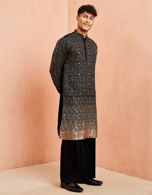 Black georgette kurta set - sequin embroidery wide leg pant festive wear 4