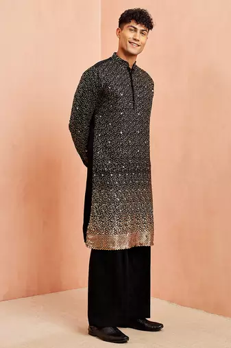 Black georgette kurta set - sequin embroidery wide leg pant festive wear