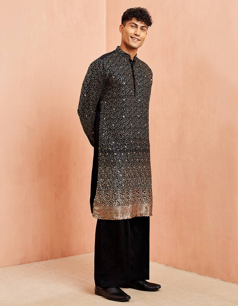 Black georgette kurta set - sequin embroidery wide leg pant festive wear