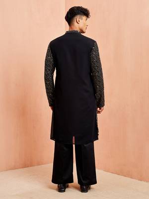 Black georgette kurta set - sequin embroidery wide leg pant festive wear 5