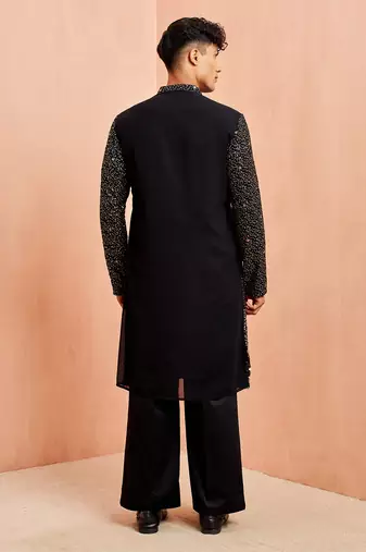 Black georgette kurta set - sequin embroidery wide leg pant festive wear
