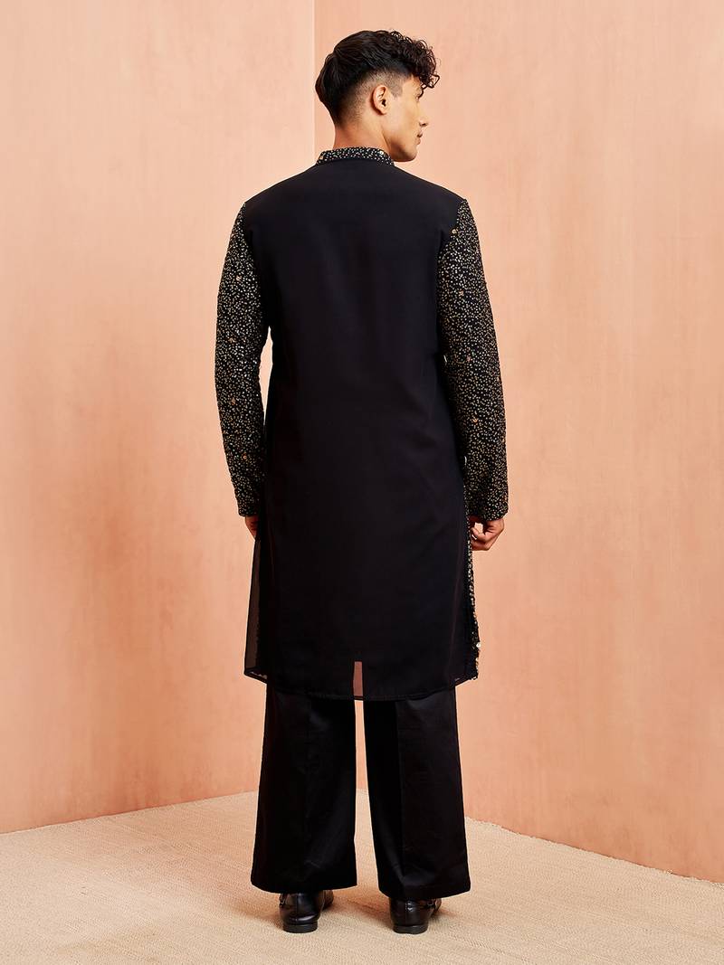 Black georgette kurta set - sequin embroidery wide leg pant festive wear