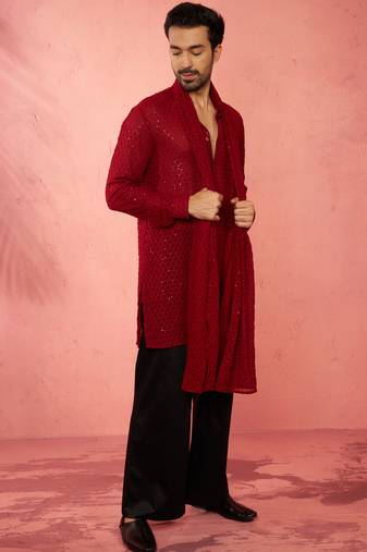 Complete maroon kurta set with pant and dupatta - 3 piece traditional festive ensemble