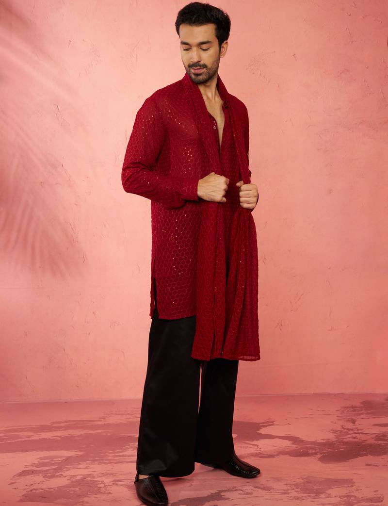 Complete maroon kurta set with pant and dupatta - 3 piece traditional festive ensemble
