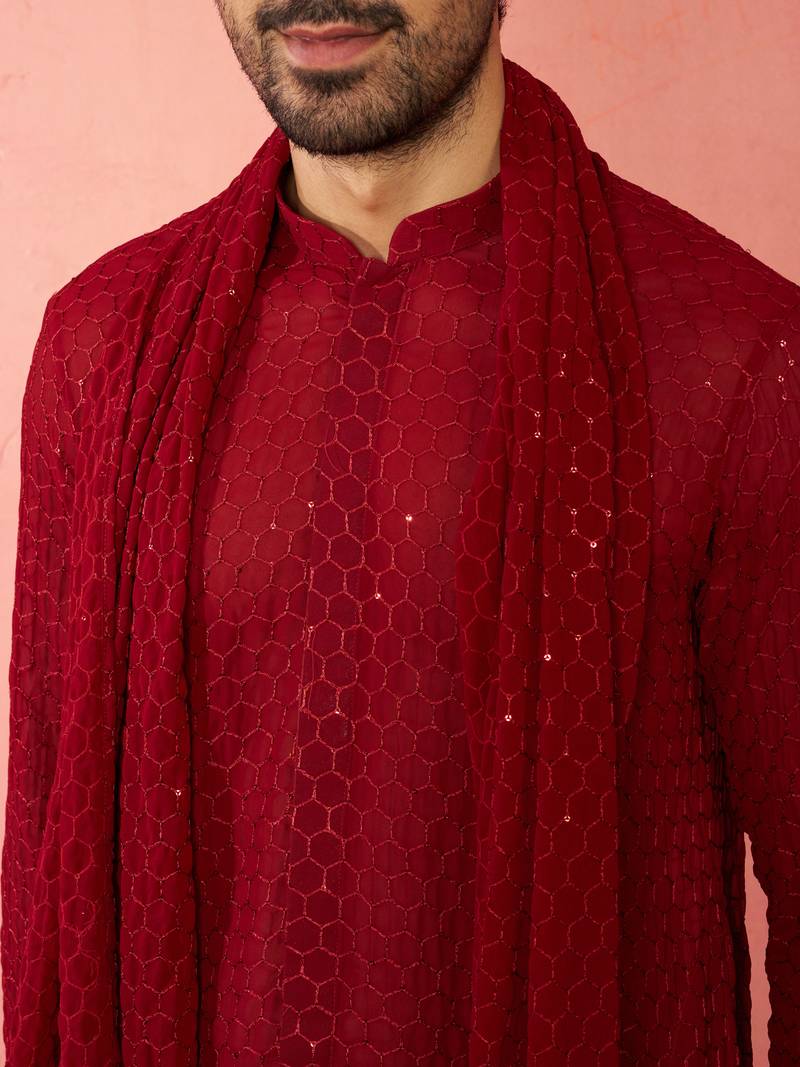 Complete maroon kurta set with pant and dupatta - 3 piece traditional festive ensemble